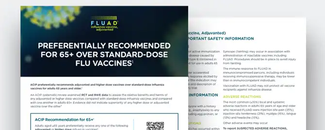 Flyer with a summary of the ACIP decision to preferentially recommend FLUAD as seasonal influenza vaccine for adults 65+.