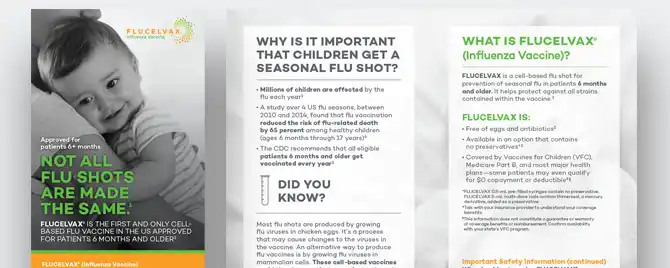 A brochure designed to educate caregivers of pediatric patients about vaccination with FLUCELVAX (Influenza Vaccine).